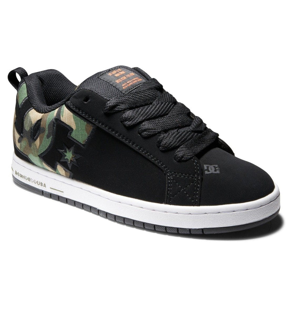 Court Graffik low-top sneaker in black with camo accents, lace-up, and orange heel label