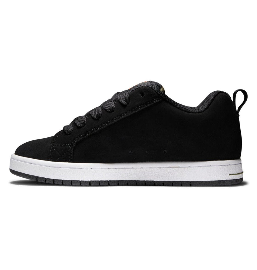 Black low-top skate sneaker with lace-up front and white rubber sole
