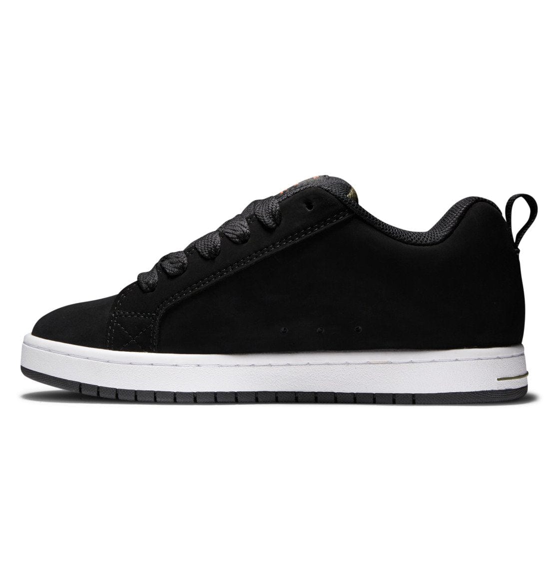 Black low-top skate sneaker with lace-up front and white rubber sole