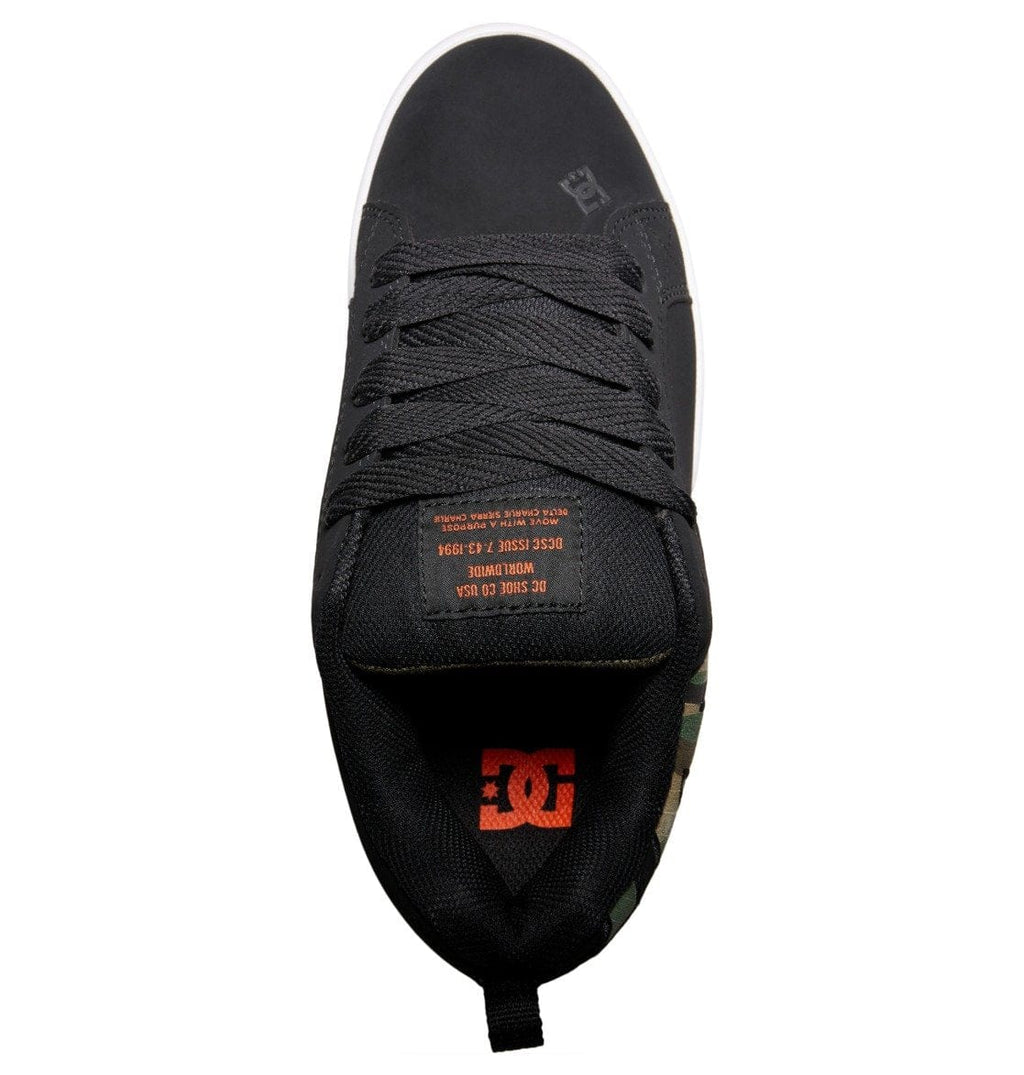 Court Graffik sneaker in black with lace-up tongue detail and DC logo on collar