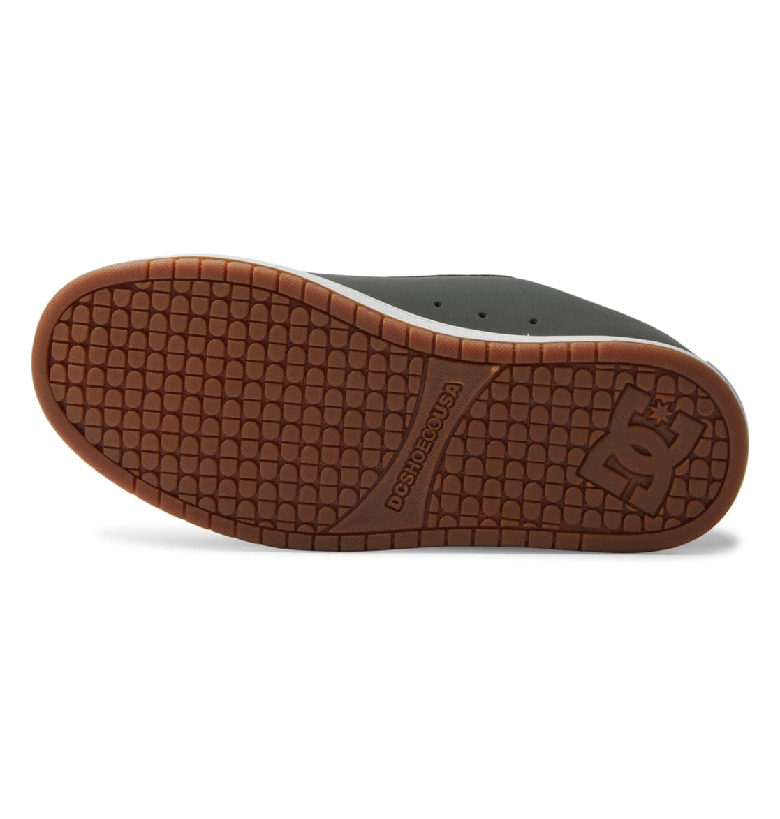 Shoe outsole view with brown tread and DC logo at heel