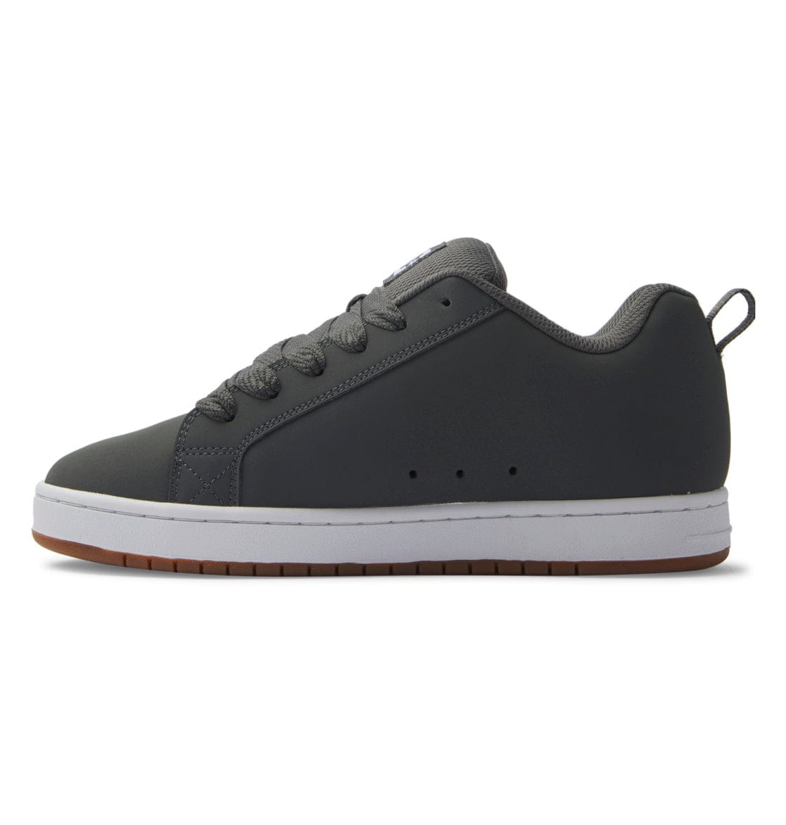 Dark gray low-top sneakers with lace-up front, white sole, and rubber cupsole