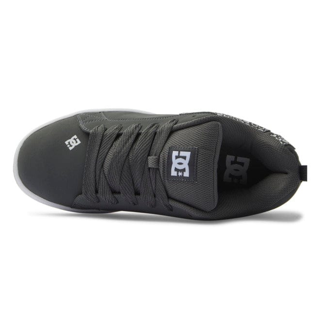 Charcoal low-top sneakers inside view with lace-up and DC tongue label