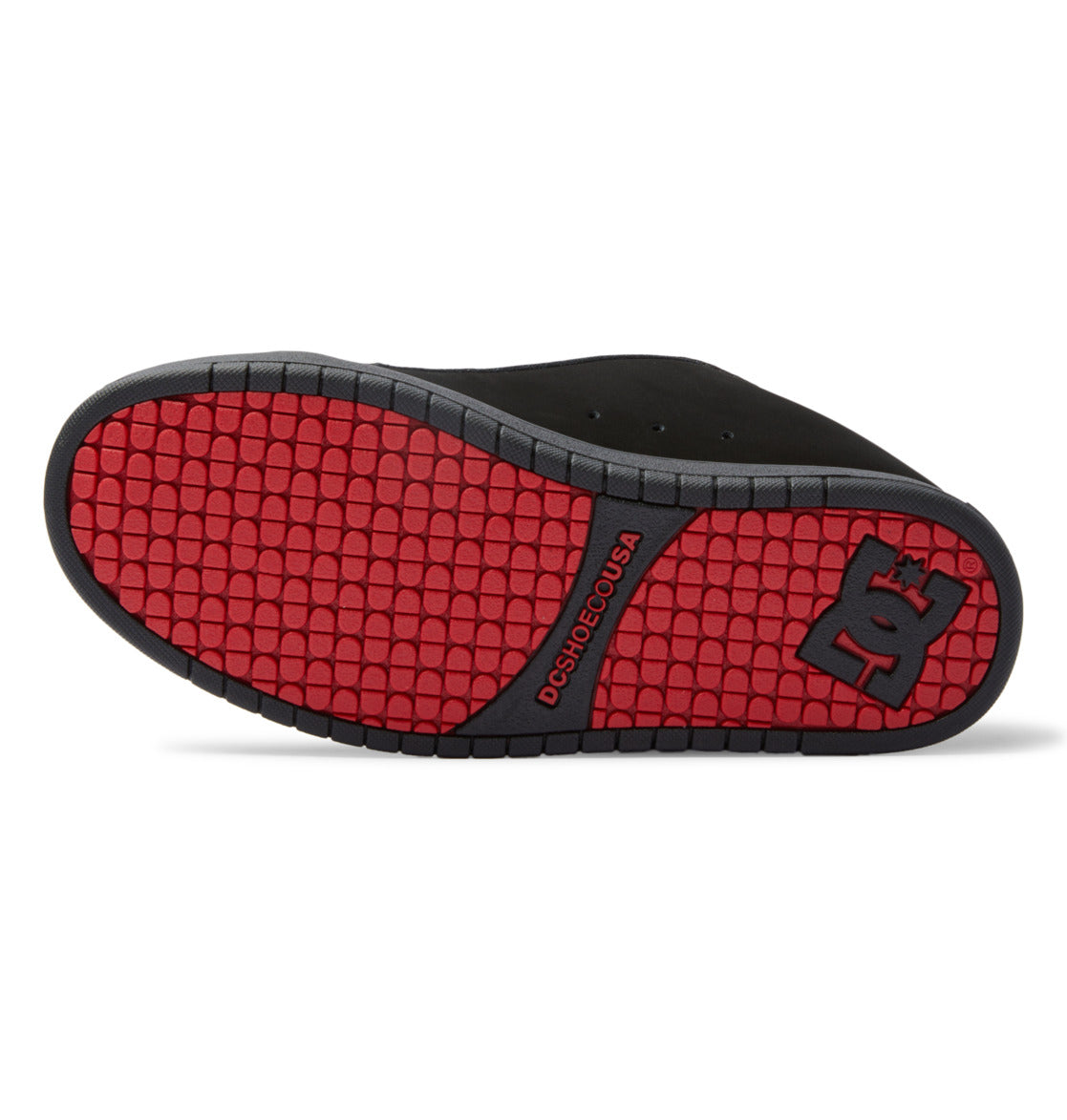 Red patterned outsole with black border and DC logo at heel