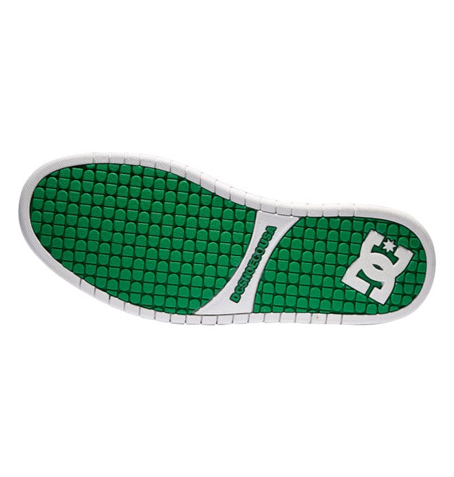 Low-top sneaker insole with green pattern and DC logo patch, white trim sole