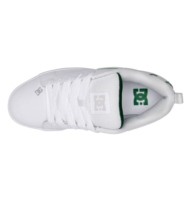White low-top sneakers with green-trim heel and woven lace detail