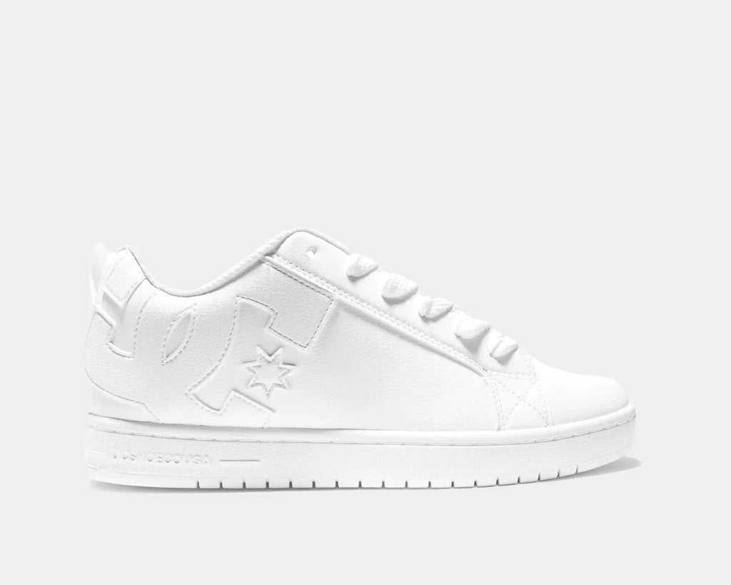 Court Graffik low-top sneaker in white with lace-up front, star detail, and DC emblem