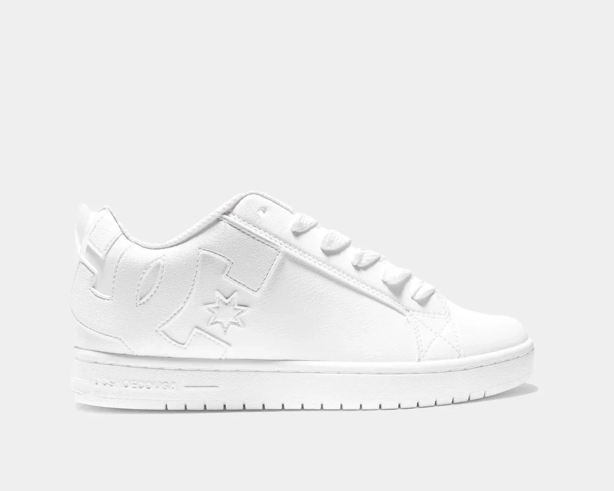 Court Graffik low-top sneaker in white with lace-up front, star detail, and DC emblem