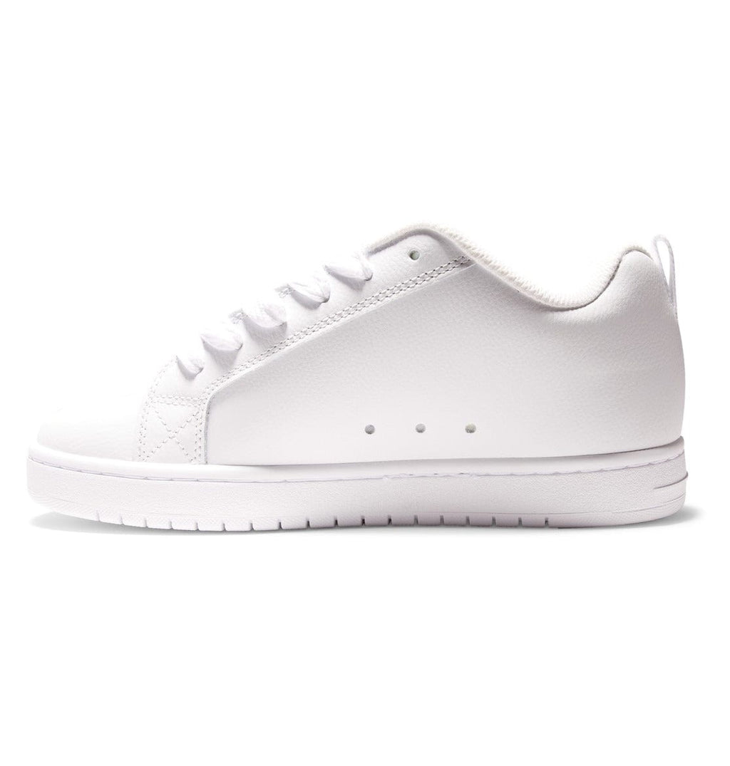 Court Graffik low-top sneaker in white with small eyelets, lace-up, and side stitching