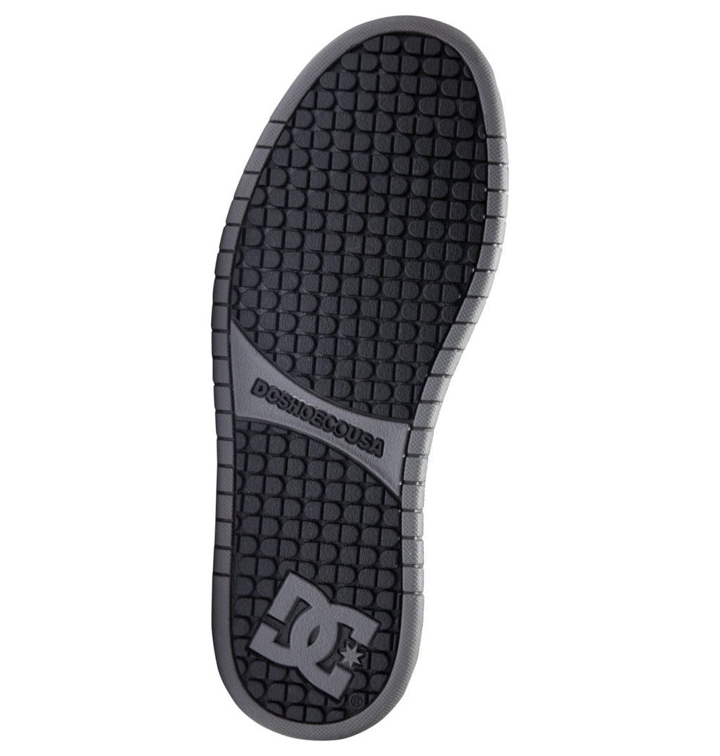 Court Graffik sneakers outsole view in dark color with textured tread and DC logo