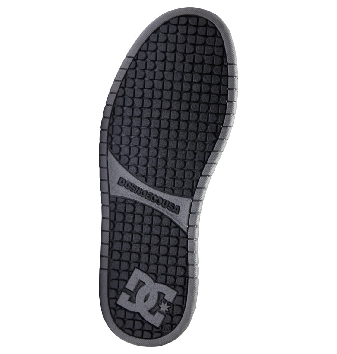 Court Graffik sneakers outsole view in dark color with textured tread and DC logo
