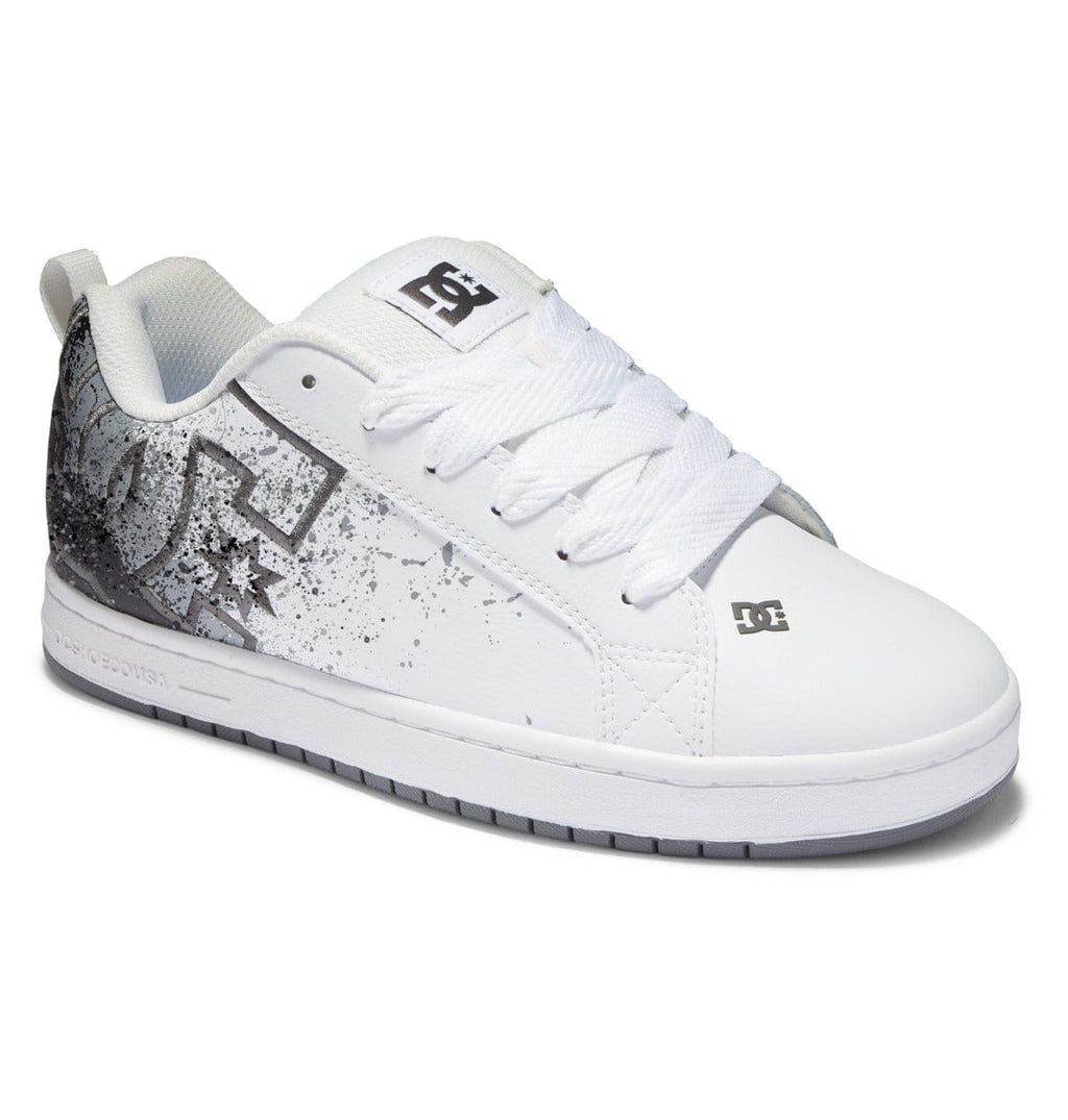Court Graffik sneakers in white with gray speckled toe panel, lace-up front, and side DC logo