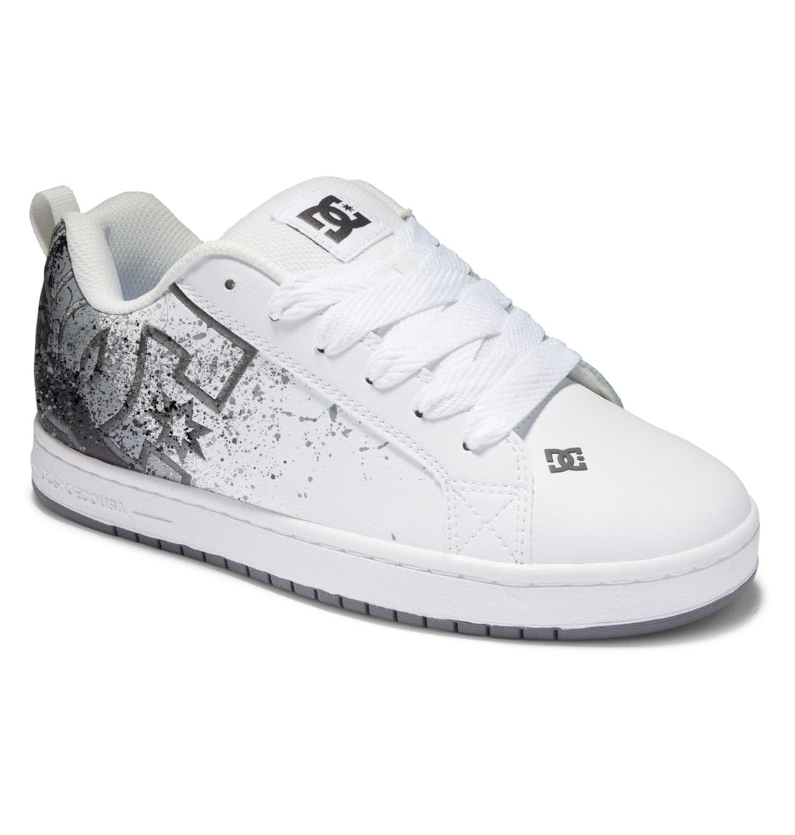 Court Graffik sneakers in white with gray speckled toe panel, lace-up front, and side DC logo