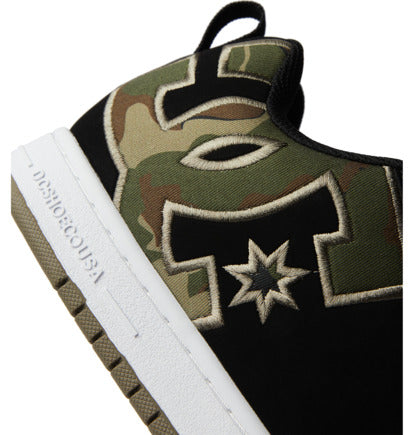 Camo and black low-top sneakers with DC star graphic and white sidewall