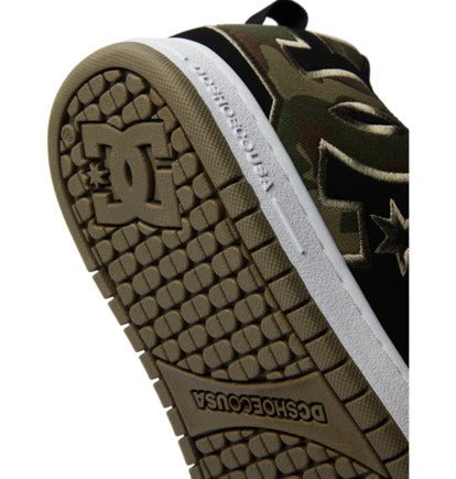 Camo low-top sneaker outsole with rubber tread and DC Shoes logo