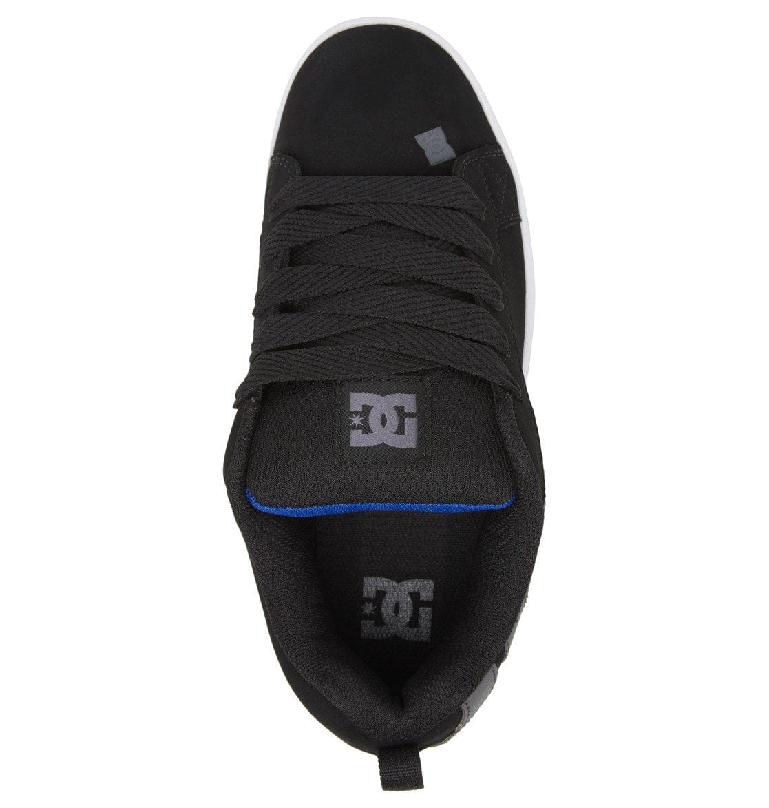 Black lace-up skate shoe with blue collar lining and DC logo on the tongue