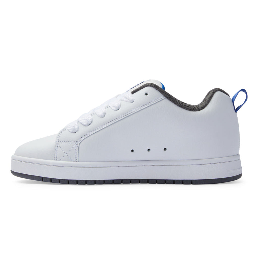 White low-top sneakers with blue heel pull tab and perforated toe panel