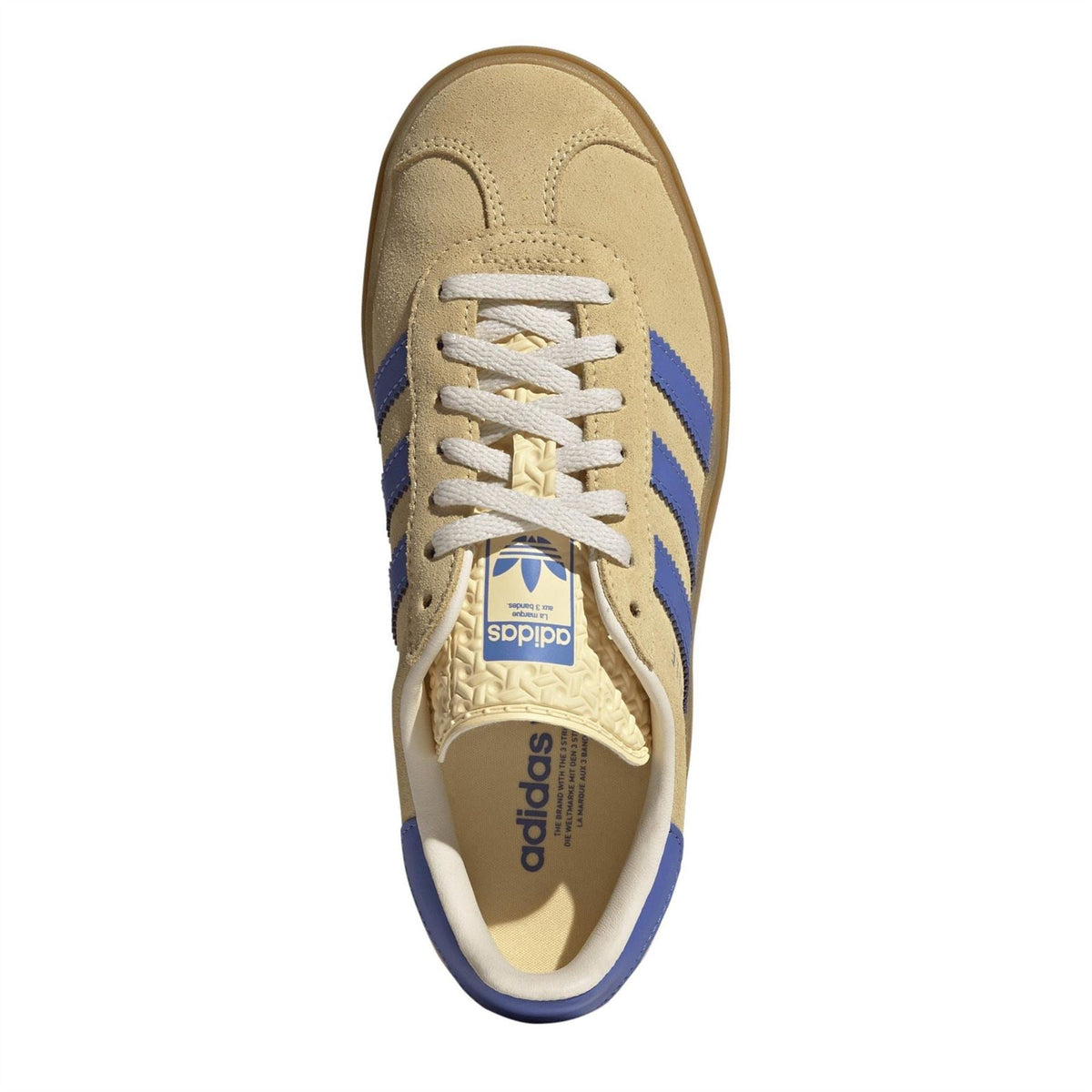 Beige Gazelle Bold sneakers with blue side stripes and padded collar