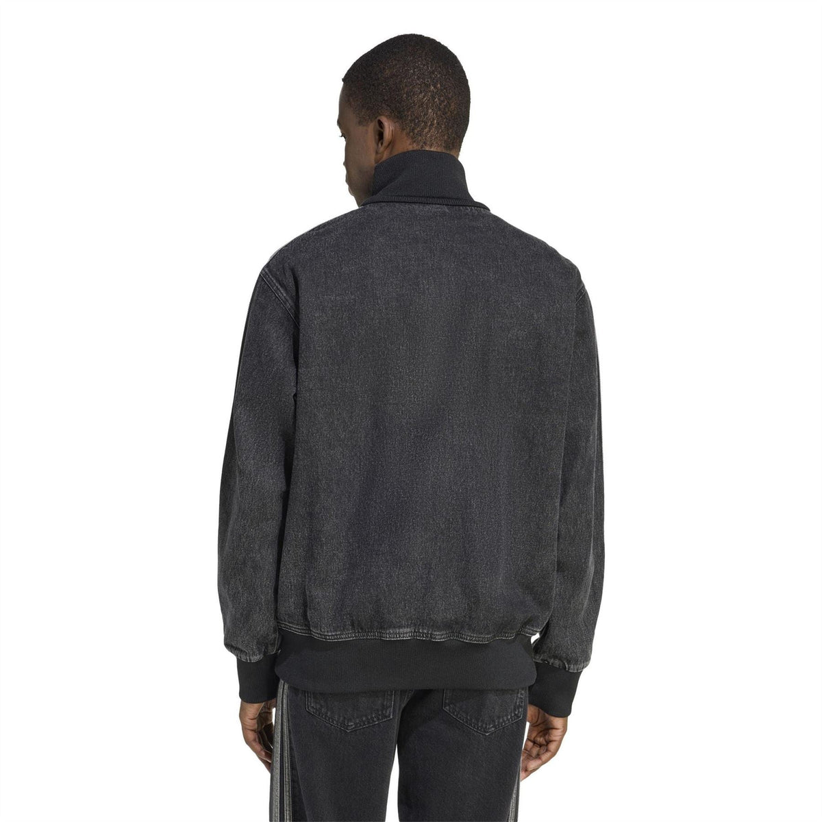 Mens black denim jacket with high collar, full back view, and ribbed hem