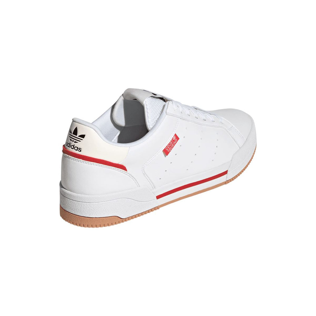 White trainers from heel angle with adidas logo and red stripe detail