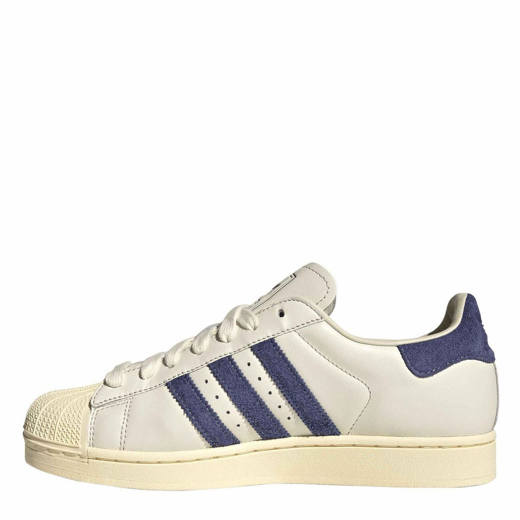 White and navy adidas Originals Superstar II low-top sneakers with three blue stripes, lace-up