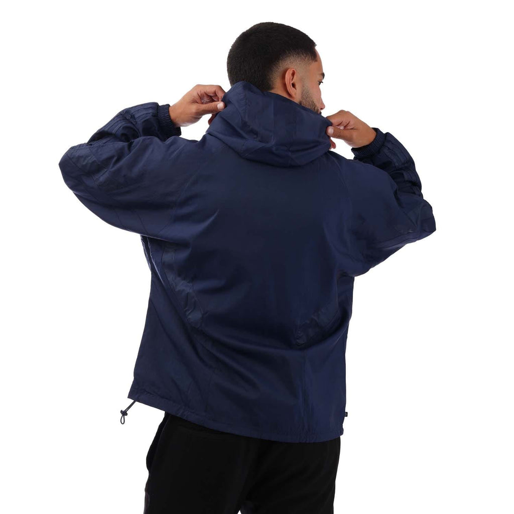 Navy windbreaker jacket with hood and full zip, back view