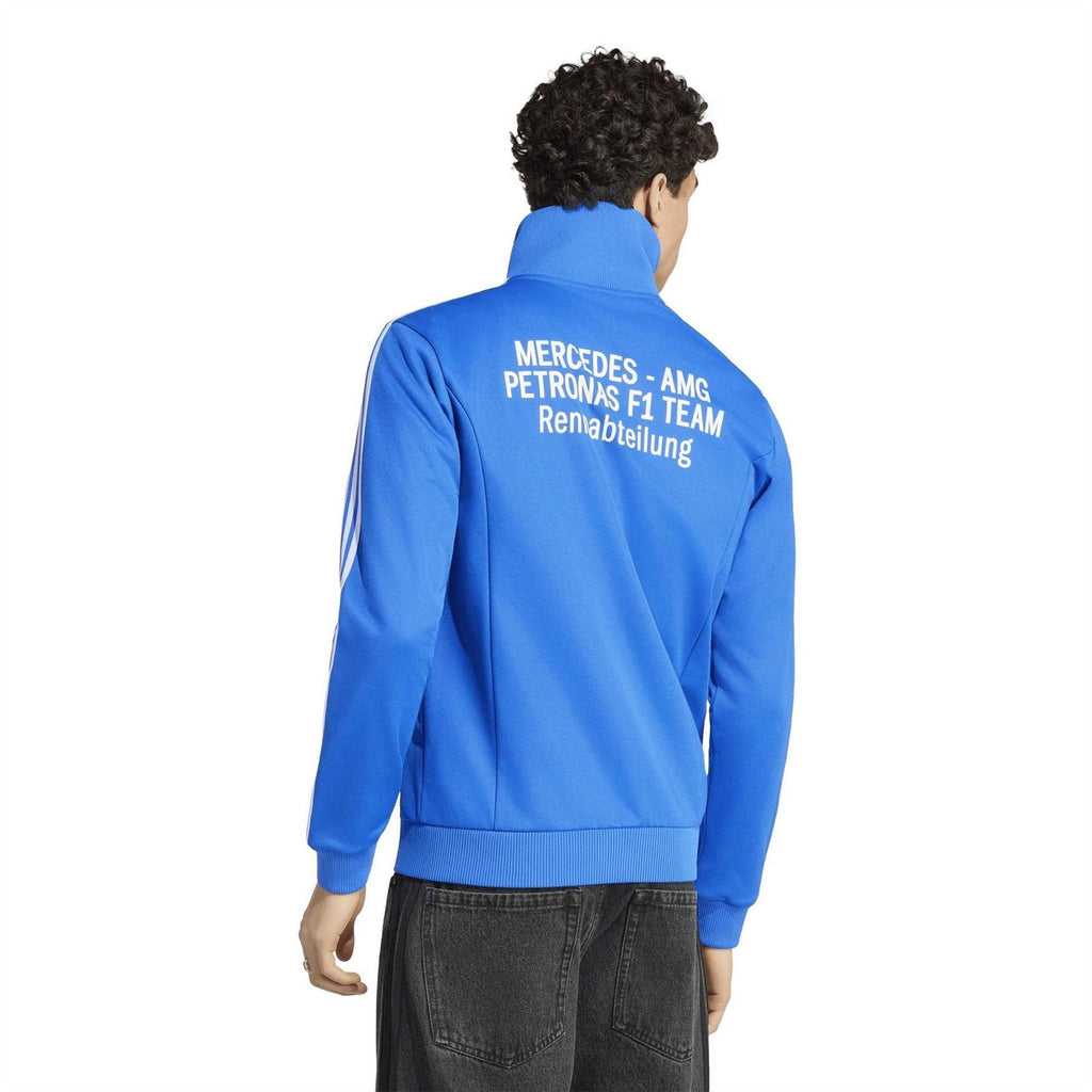 Blue track jacket with white back text, stand collar, and zip front