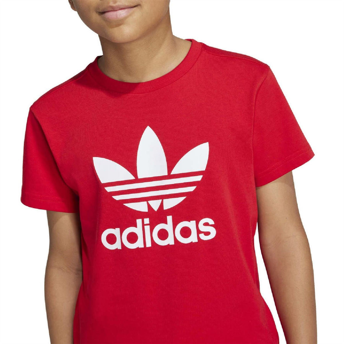 Kids scarlet red crew neck T-shirt with large adidas trefoil and wordmark print
