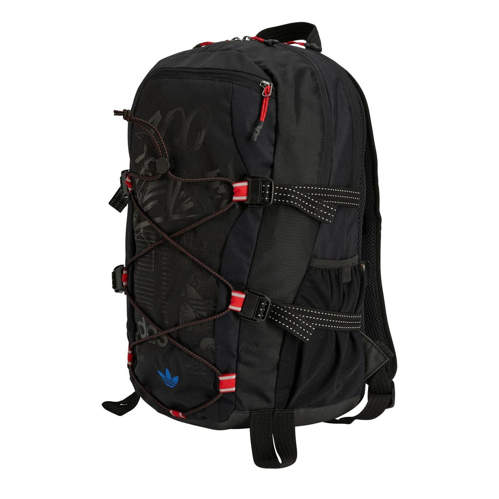 Dark carbon backpack with front straps, red buckles, and blue trefoil logo