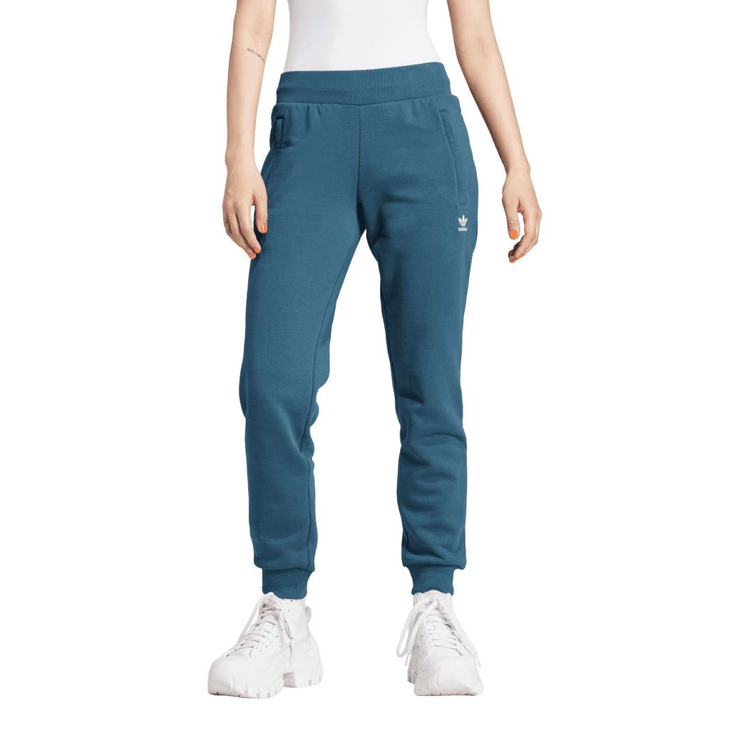 Blue slim fleece jogger pants with elastic waistband and adidas logo on thigh