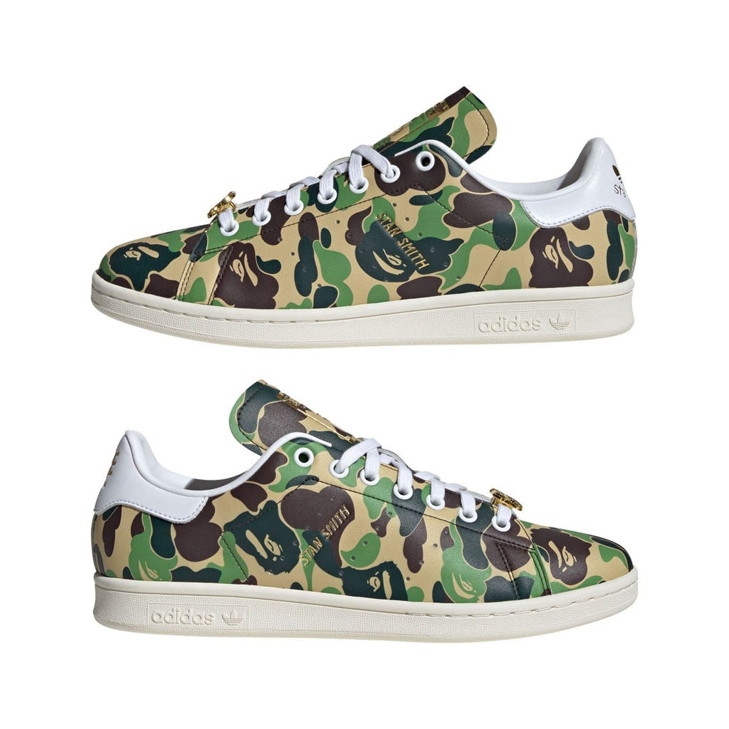adidas Originals Bape Stan Smith shoes featuring white leather uppers, green accents, and classic sneaker design.