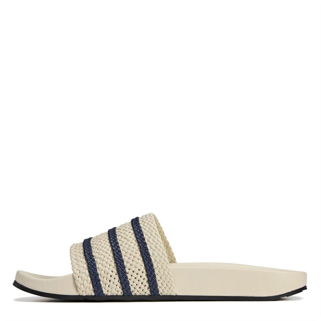 Wonder White adidas adilette slides with braided strap and navy triple stripe bands
