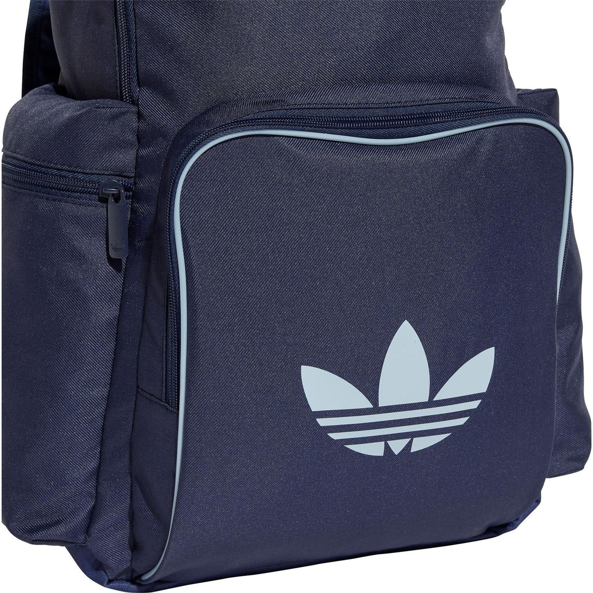 Night Indigo backpack front panel with adidas trefoil logo and white-trim zipper