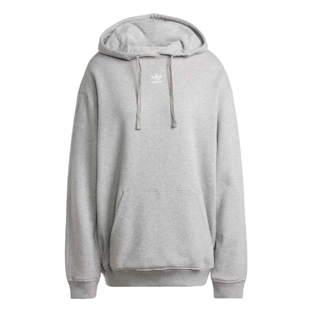 Grey pullover hoodie with adjustable drawstring hood and kangaroo pocket