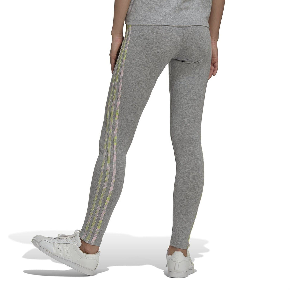 Grey running leggings featuring pastel vertical side stripe panels along the outer leg