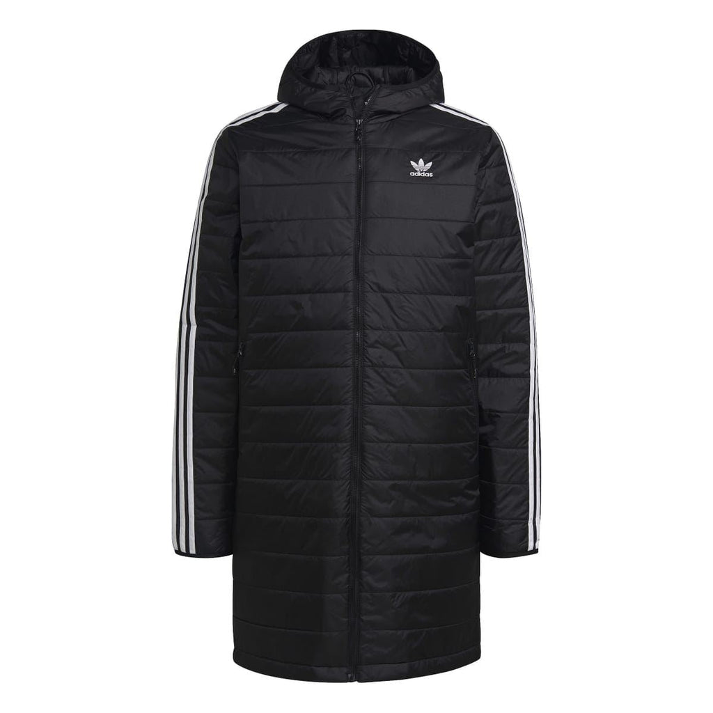 Black padded coat with hood, full-zip front, and white adidas 3-stripe sleeves.