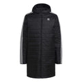 Black padded coat with hood, full-zip front, and white adidas 3-stripe sleeves.