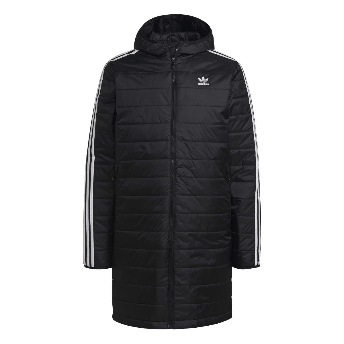 Black padded coat with hood, full-zip front, and white adidas 3-stripe sleeves.