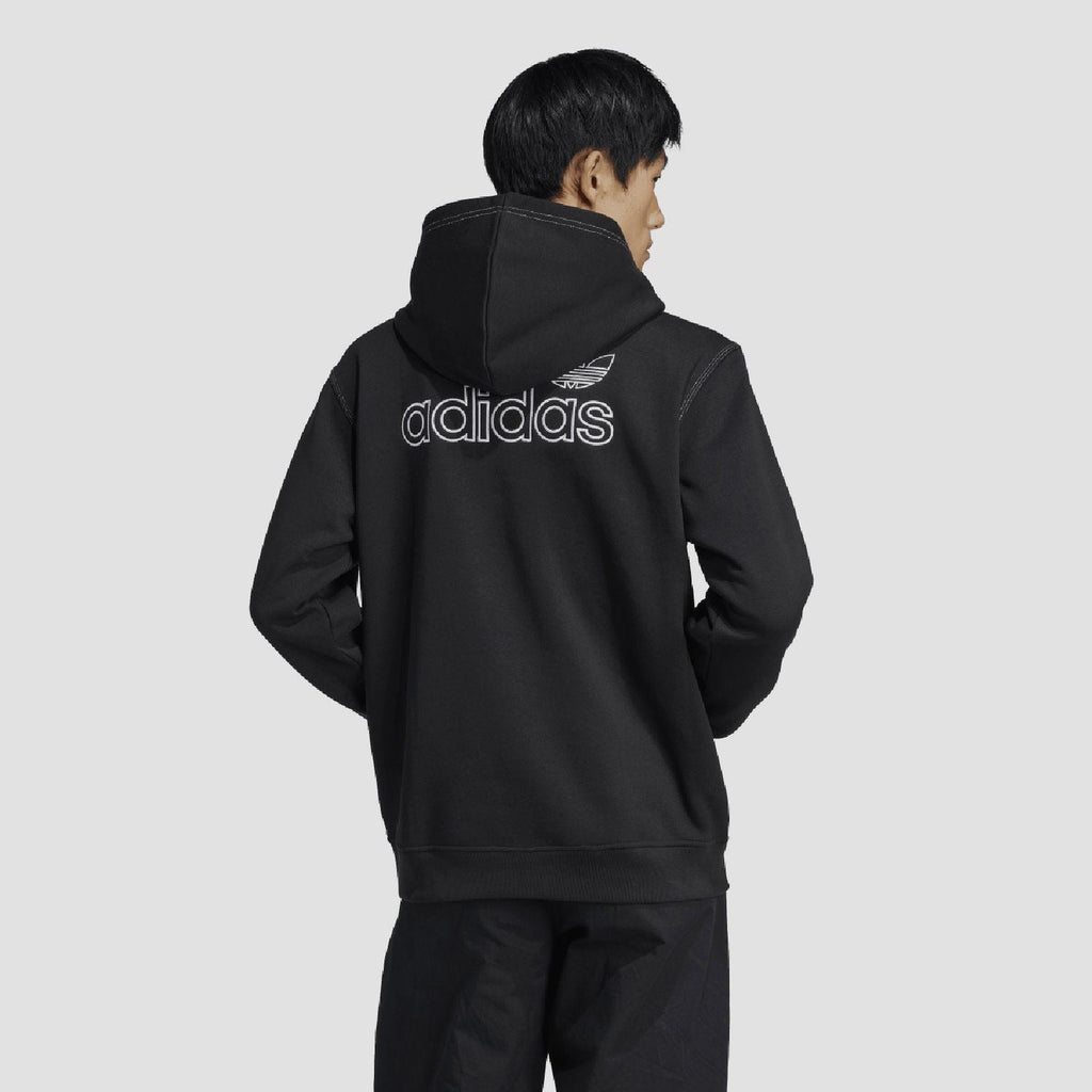 Black adidas Originals hoodie with large adidas logo on back and attached hood