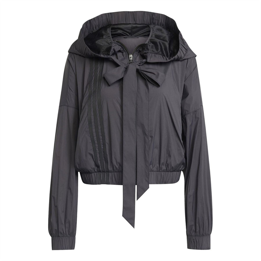 Black ruched hooded bomber jacket with bow-tie detail at neckline and zip front
