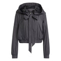 Black ruched hooded bomber jacket with bow-tie detail at neckline and zip front