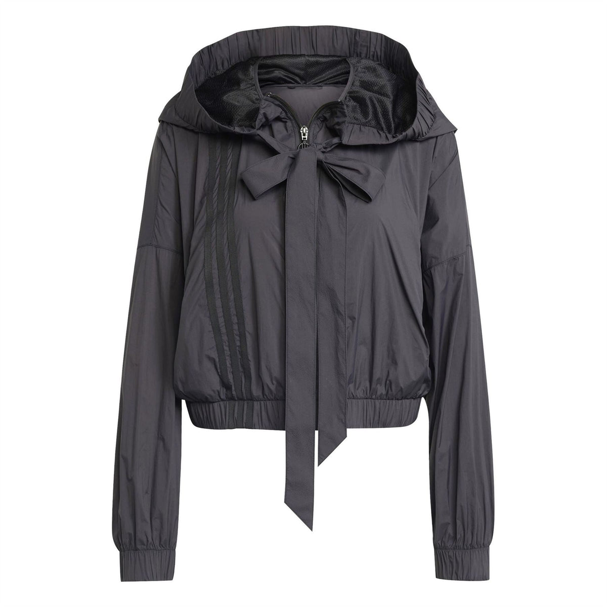 Black ruched hooded bomber jacket with bow-tie detail at neckline and zip front