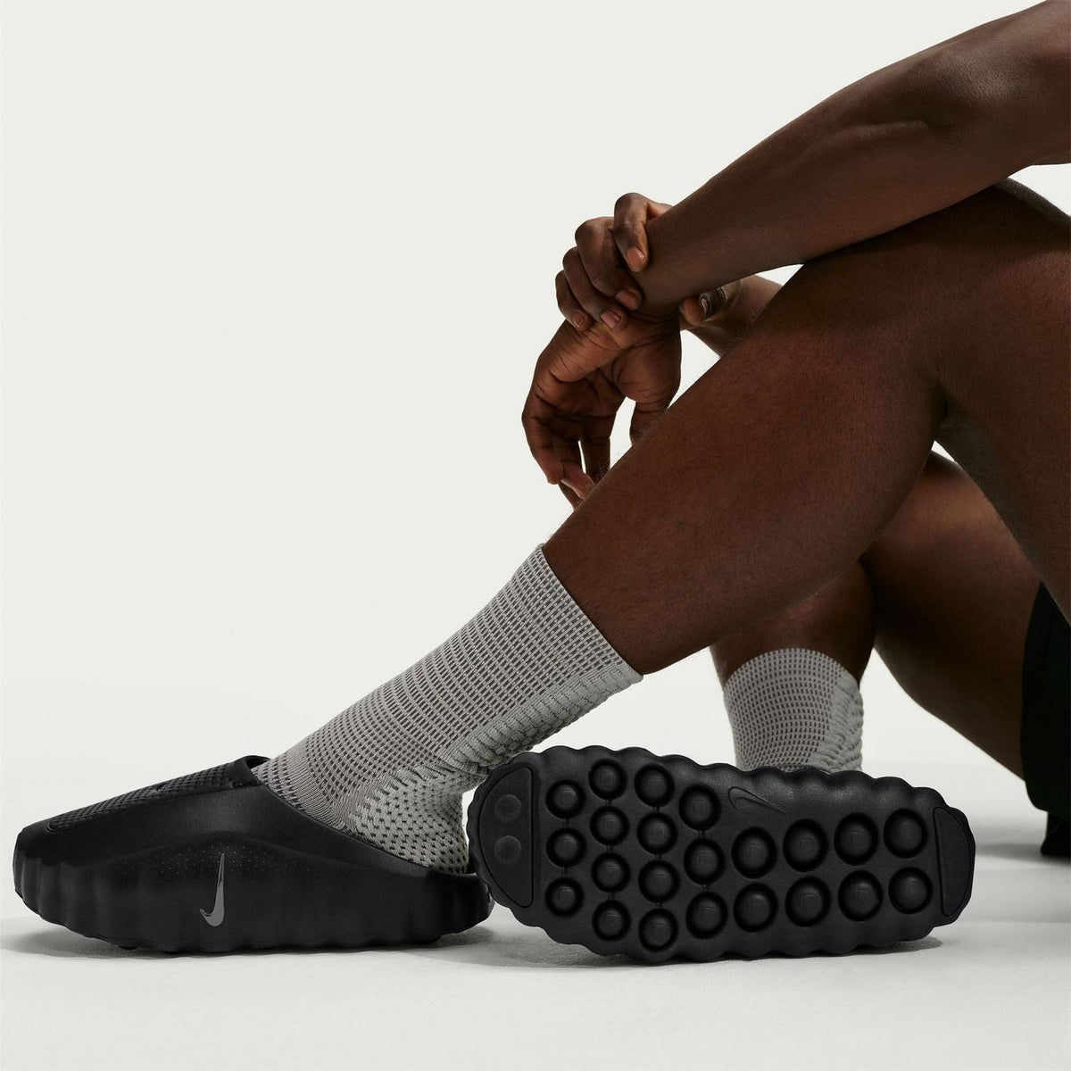 Nike Mind 001 sandals black with grippy pod outsole and perforated upper (worn)