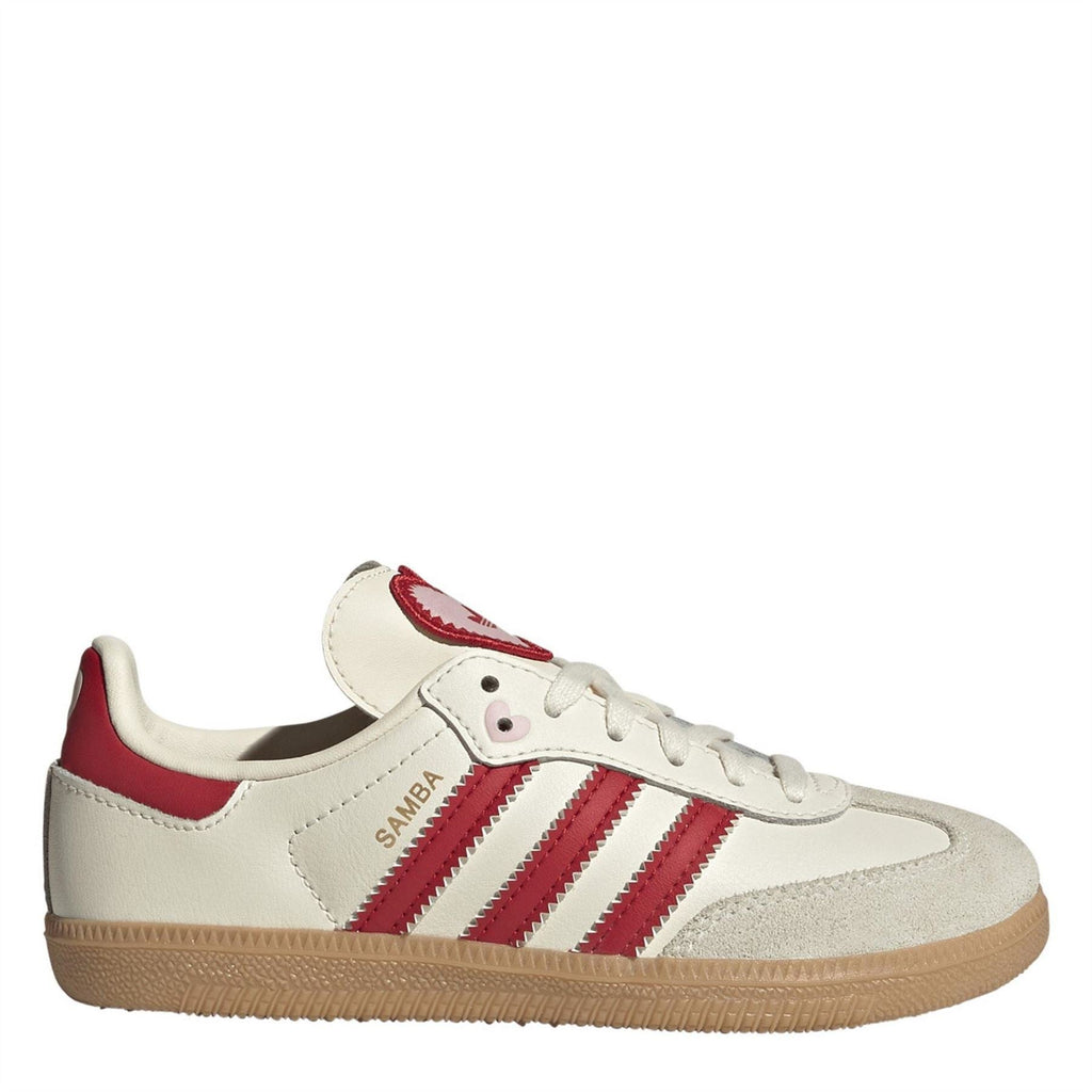 Low-top Samba sneaker with cream uppers, red stripes, lace-up front, gum rubber sole