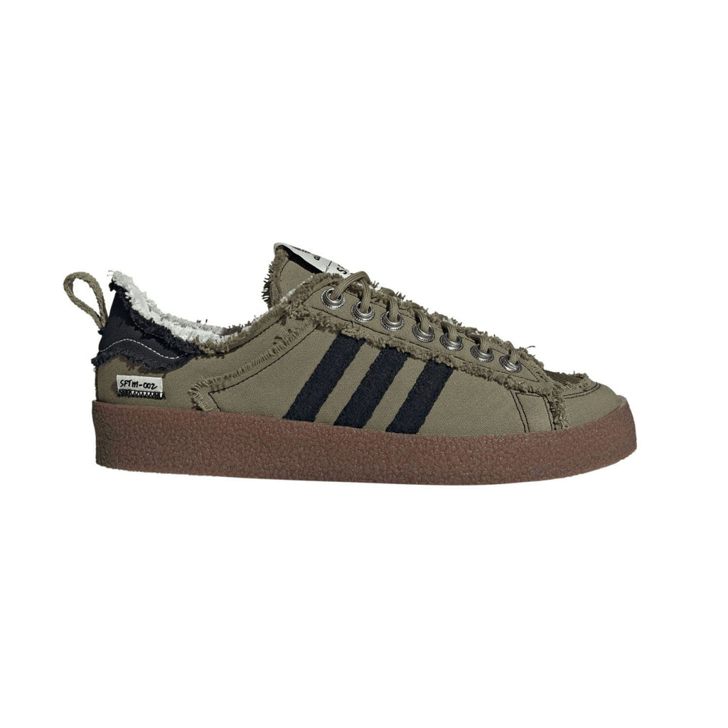 adidas Originals olive low-top trainers with black heel patch and brown sole