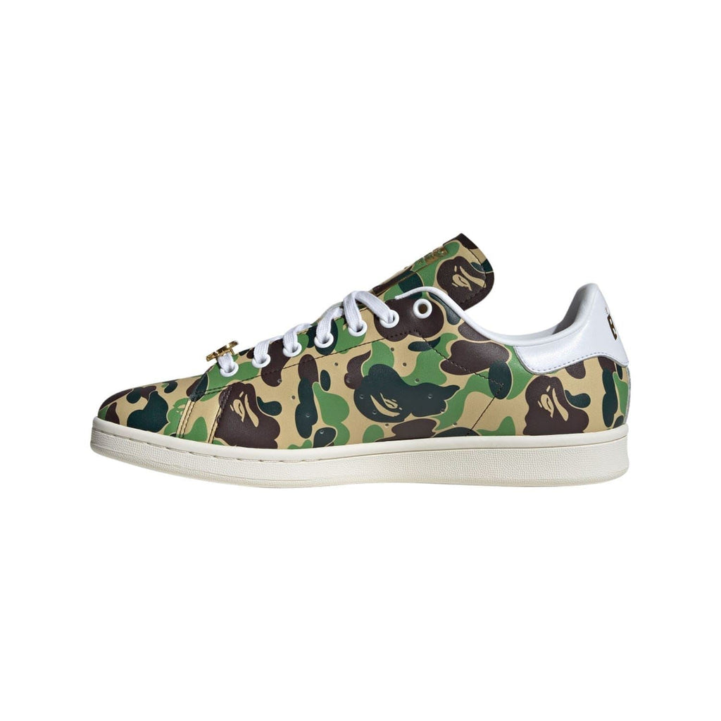 adidas Originals Bape Stan Smith sneakers, white footwear with Bape detailing, classic tennis shoe design, front view