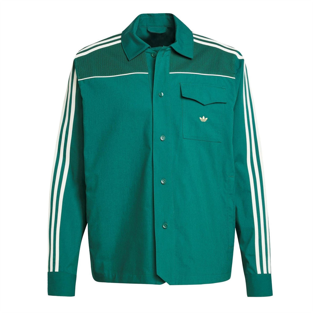 Green button-up track jacket with stand collar, chest pockets, trefoil logo, striped sleeves