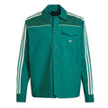 Green button-up track jacket with stand collar, chest pockets, trefoil logo, striped sleeves