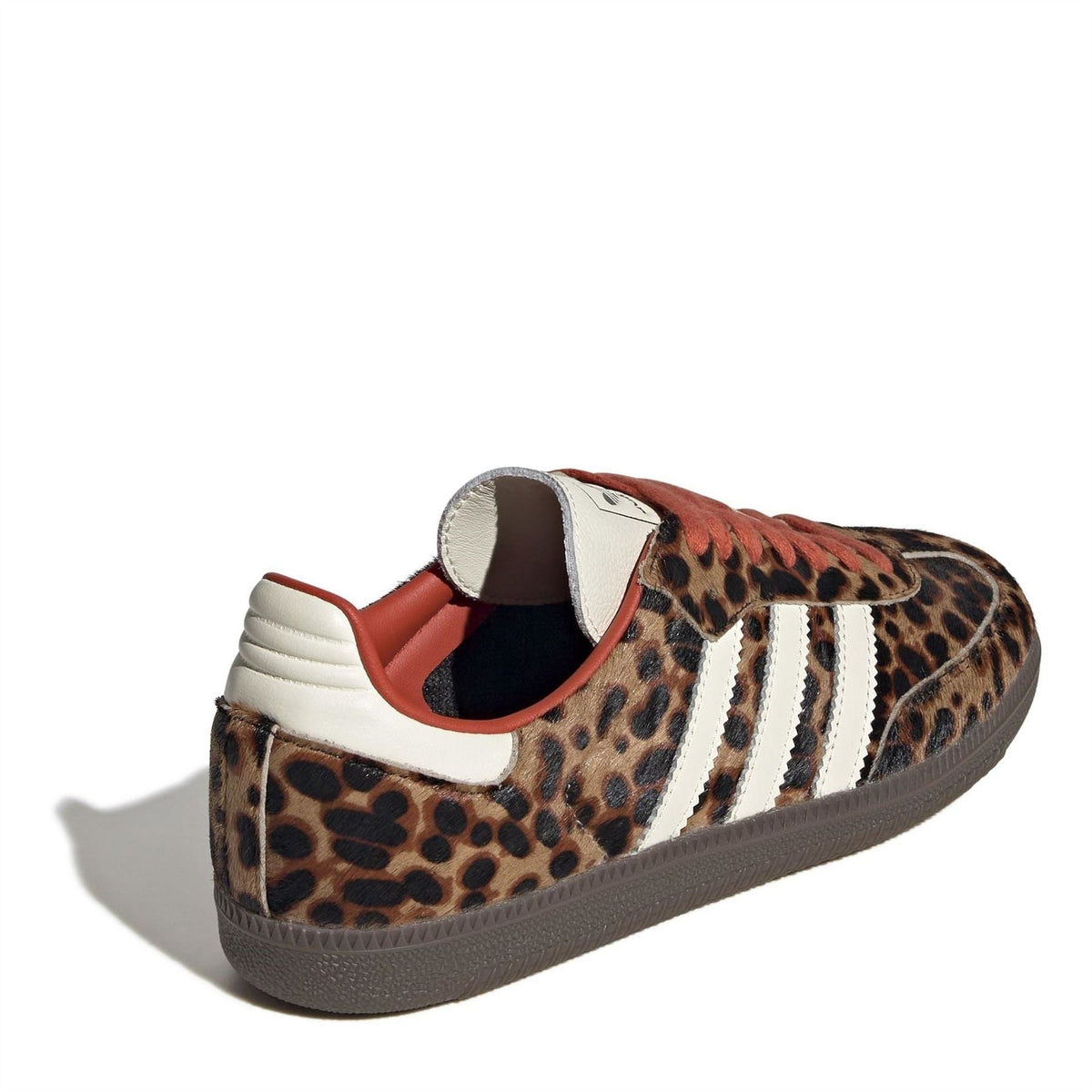 Leopard adidas Samba sneakers with white heel panel and red interior lining