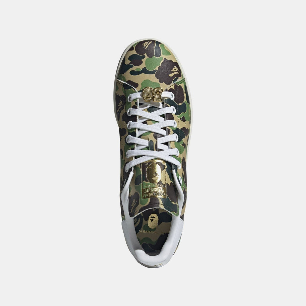 adidas Originals Bape Stan Smith shoes, white and green sneakers with Bape camo accents, classic Adidas design and branding